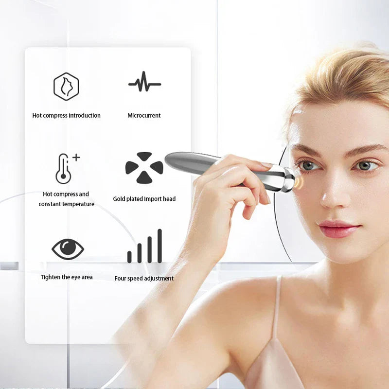 Led Light Therapy Eye Beauty Massager Pen - Handheld eye care device being used on the under-eye area, with labeled feature callouts
