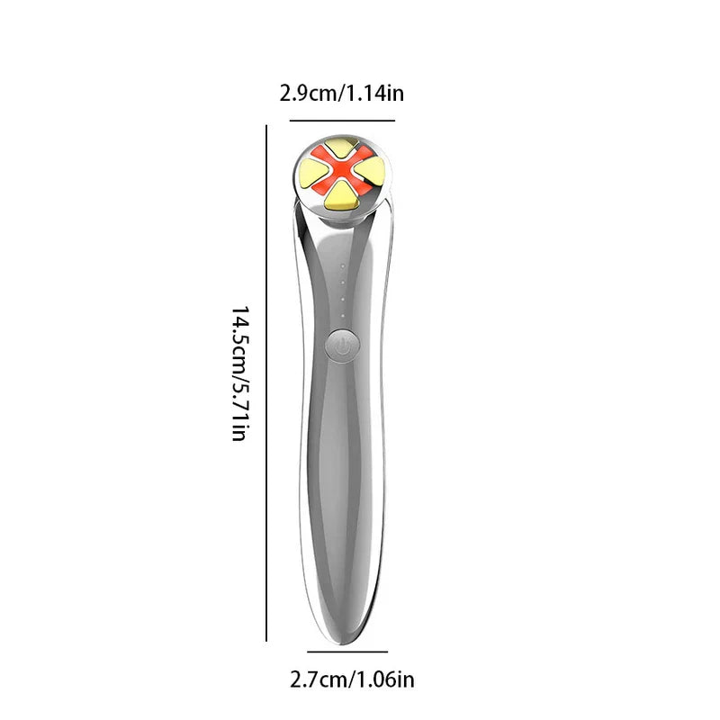 Led Light Therapy Eye Beauty Massager Pen - Eye beauty device with a red cross light at its head, with length and width measurements marked.