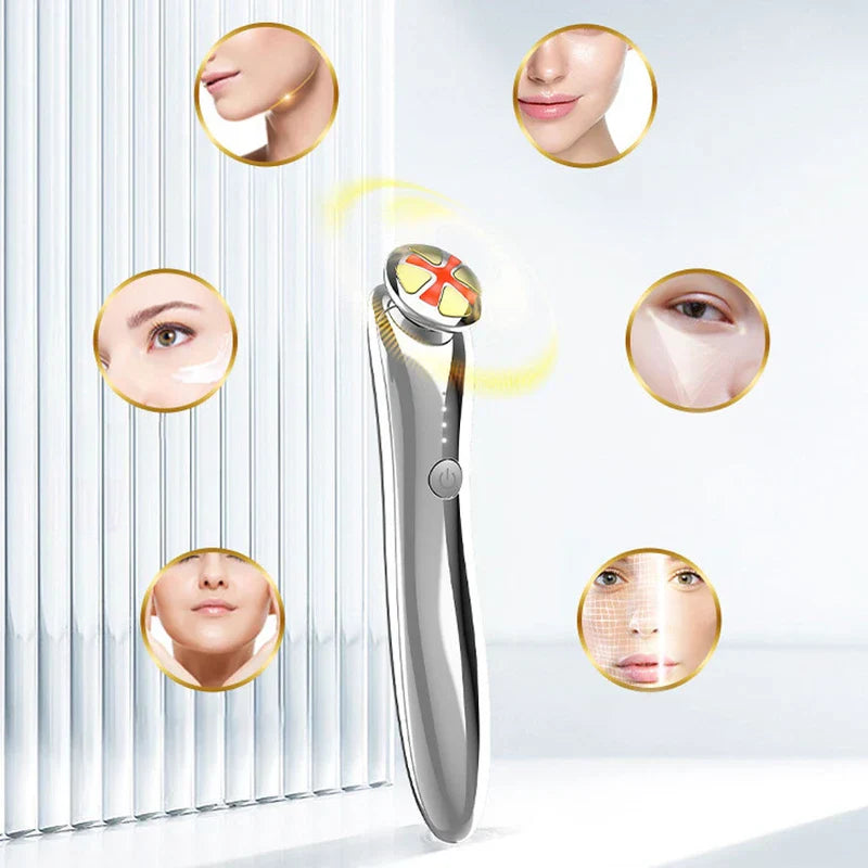 Led Light Therapy Eye Beauty Massager Pen - Device with red cross light surrounded by six circular inset close-up images of different facial areas.