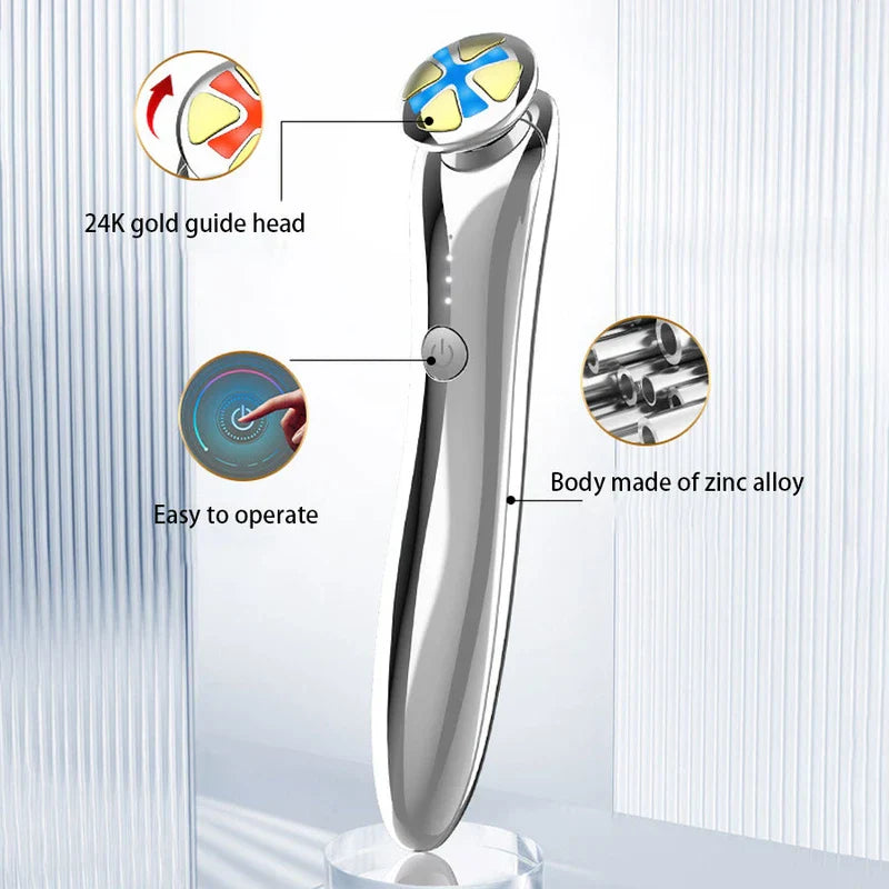 قلم تدليك وتجميل العيون بالعلاج بضوء LED - جهاز وجه فضي محمول على حامل شفاف، مع شروح توضيحية لرأسه وزره وهيكله.