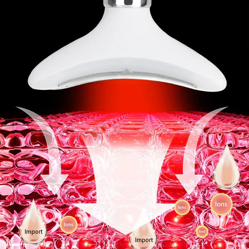 العلاج بقناع ضوء LED - لقطة مقربة لرأس جهاز أبيض يصدر ضوءاً أحمر فوق طبقات جلد مرسومة مع رسوم بيانية لإدخال الأيونات