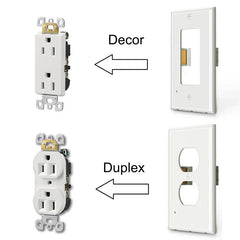 Decor and duplex style outlet cover with integrated led night guidelight installation compatibility diagram