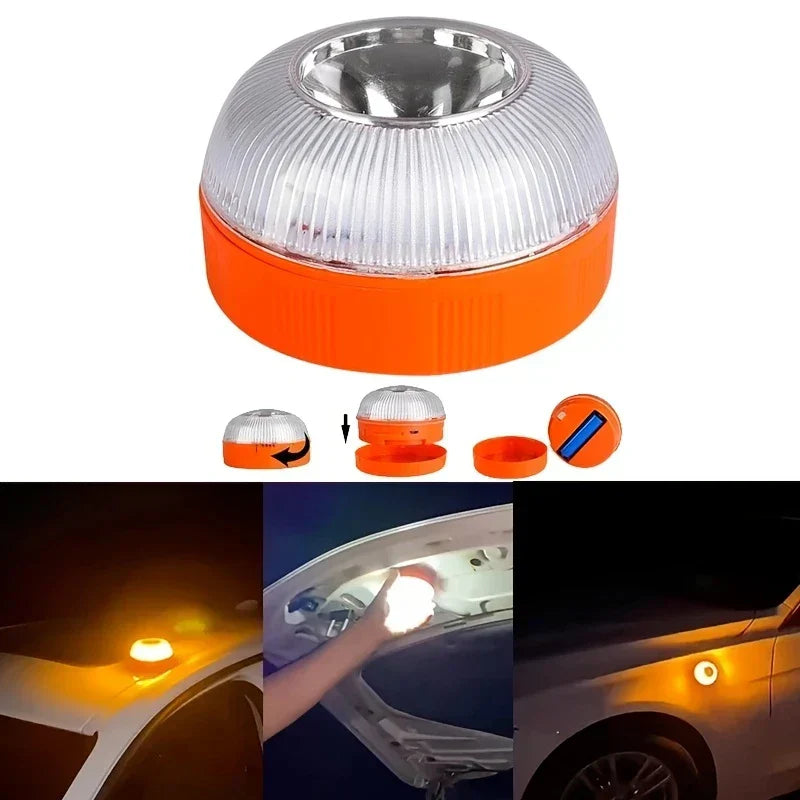 Warning Light - Collage showing battery compartment disassembly steps and in-use placement on vehicle exteriors in low light