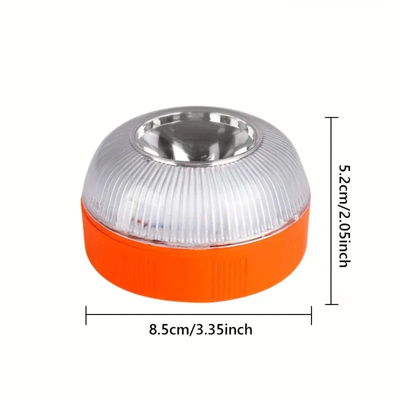 Warning Light - Orange and clear domed disc device, dimension lines show 8.5cm width, 5.2cm height.
