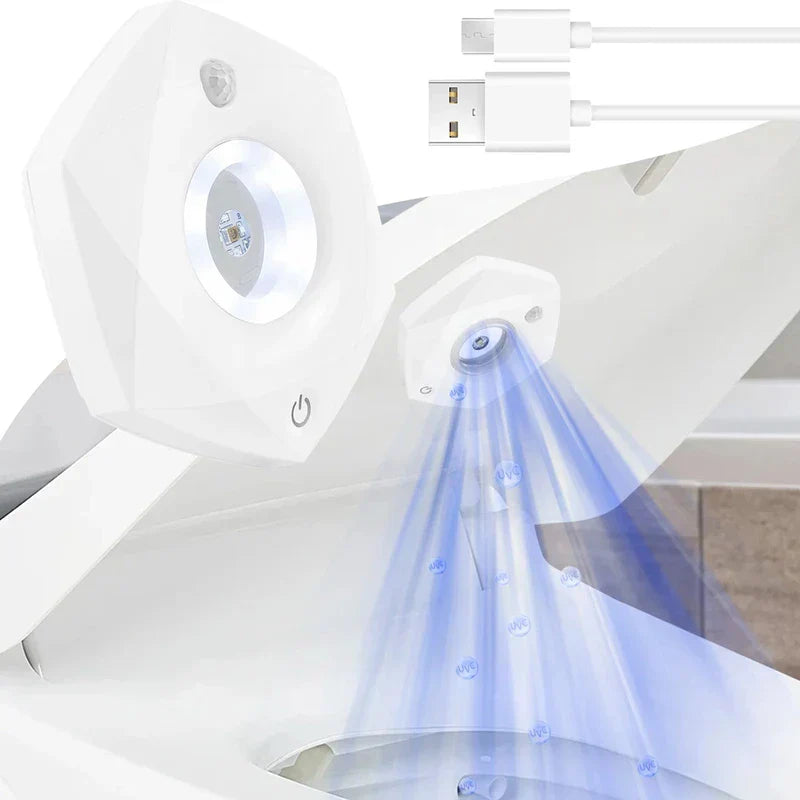 Led Tap Puck Light - Dual view showing unmounted light and mounted unit projecting blue UVC light into a toilet bowl, with charging cables displayed