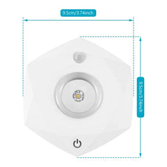 Led Tap Puck Light - White diamond-shaped toilet light with sensor and power button, dimensions marked 9.5cm/3.74inch
