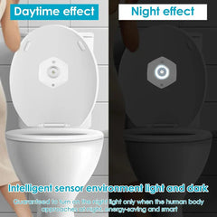 Led Tap Puck Light - Side-by-side comparison of toilet light daytime off and nighttime lit state on a lifted toilet seat