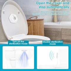Led Tap Puck Light - Toilet sterilizer mounted on raised lid, with diagrams showing sterilization mode and disabled mode with text labels