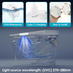 Led Tap Puck Light - Transparent toilet cross-section showing UV light from sterilizer, with three feature panels above: waterproof, charging, installation