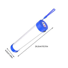 Led Tube Replacement - Blue-capped cylindrical portable light with hanging lanyard, shown with length and diameter measurements on white background