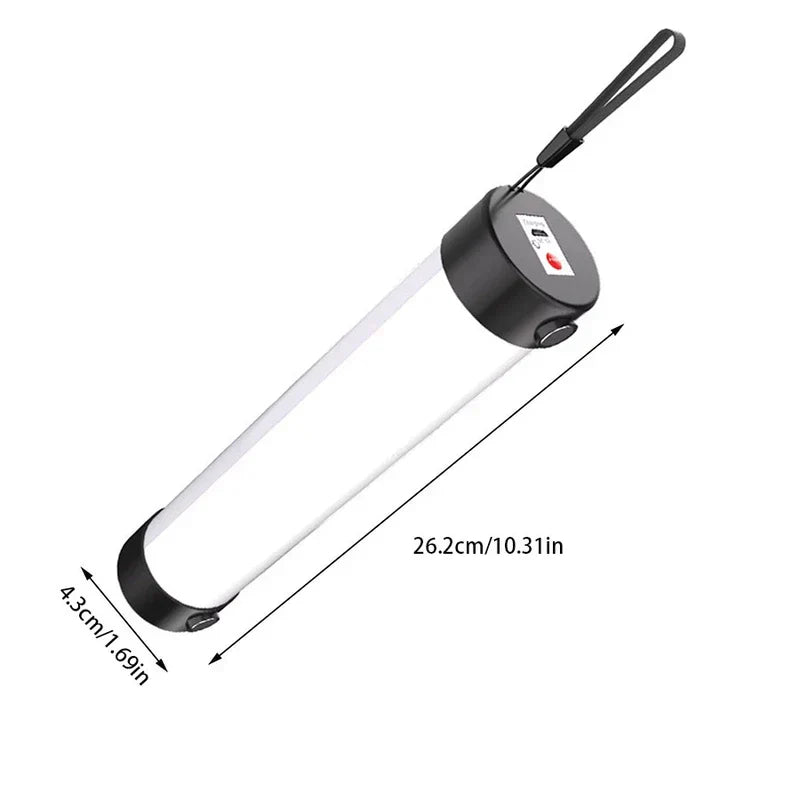 Led Tube Replacement - Black-capped cylindrical portable light with hanging lanyard, shown with length and diameter measurements on white background