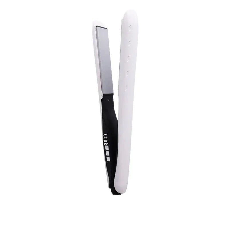 Hair Straightener Flat Iron - White and black styling tool standing open against a plain white background, showing control buttons and temperature markings
