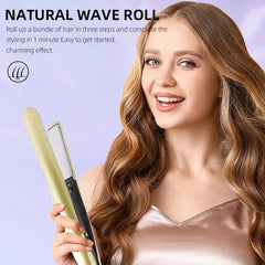 Hair Straightener Flat Iron - Person holding a gold styling tool next to styled wavy hair, with text describing natural wave styling steps