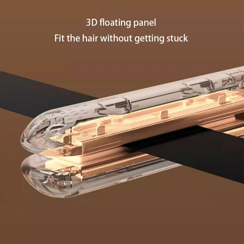 Hair Straightener Flat Iron - Cutaway view of hair straightener 3D floating panels clamping a section of hair, with descriptive text above