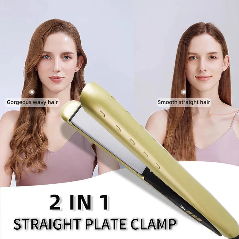 Hair Straightener Flat Iron - Two women with wavy and straight hairstyles, gold 2-in-1 hair straightener in foreground