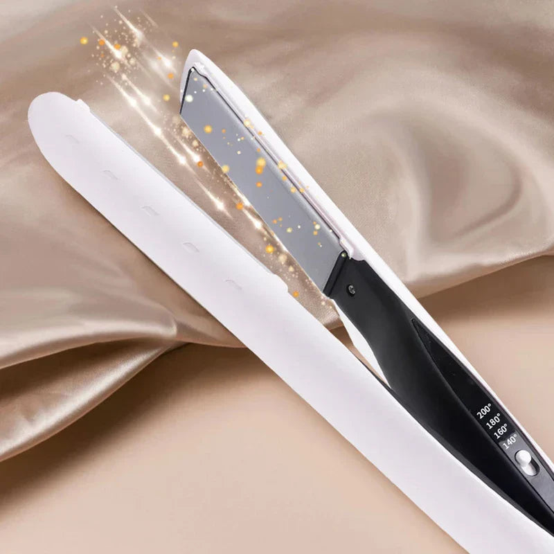Hair Straightener Flat Iron - Open white and black hair straightener resting on tan satin fabric, with light effect near plates