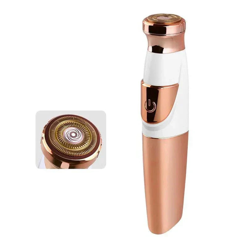 Ladies Hair Shaver - Electric grooming device with close-up inset of circular rotary shaving head, full unit displayed beside the detail shot