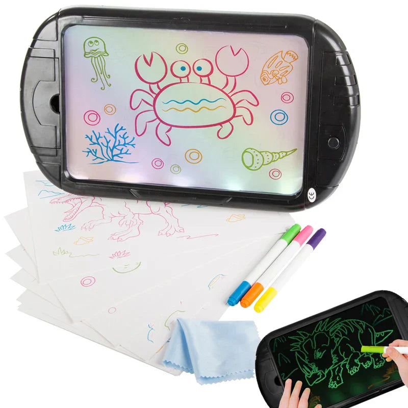 Child using a magic LED drawing board at a desk