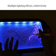 Led Magic Drawing Board - Blue illuminated drawing surface with space themed rocket drawings, text above noting multiple switchable lighting effects