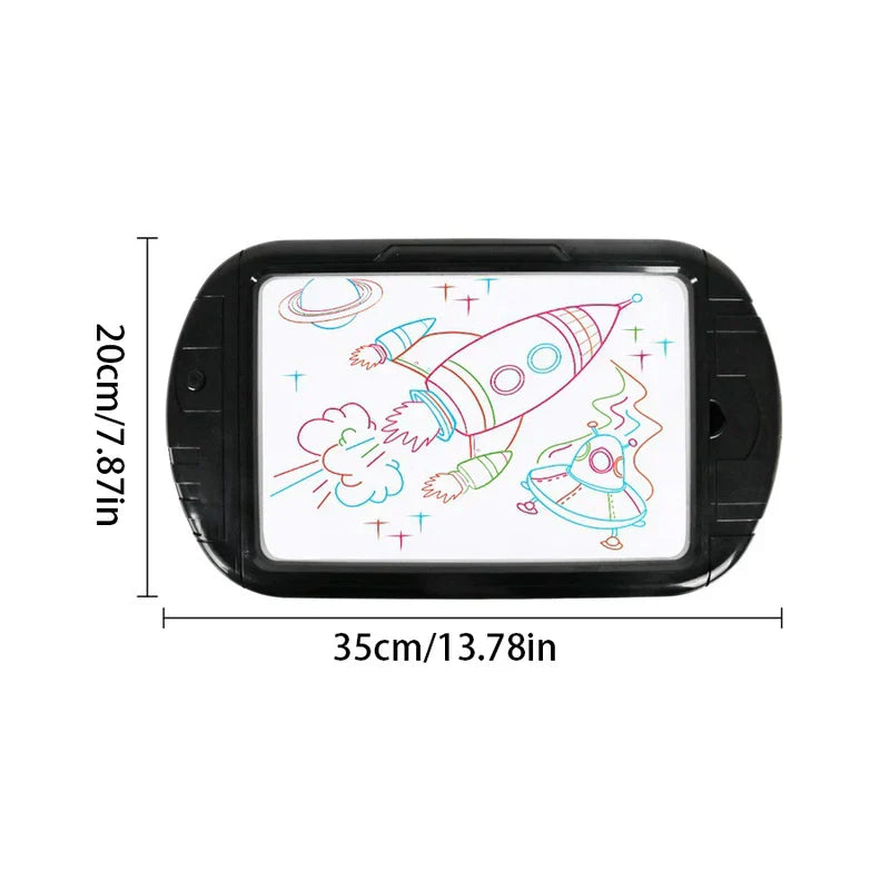 Led Magic Drawing Board - Black oval drawing pad with space-themed rocket and UFO drawing on its white surface, marked with dimensions 20cm by 35cm.
