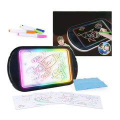 Led Magic Drawing Board - Illuminated glowing drawing pad with space drawing, four colored markers, blue cleaning cloth, tracing sheets, and product packaging shown.
