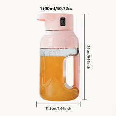 Centrifugal Juicer Machine - Pink portable blender jug filled with orange liquid, with capacity and dimension measurements marked.