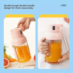 Centrifugal Juicer Machine - Two views of a pink blender jug: one hand lifting it by the top handle, another holding it via the side grip.