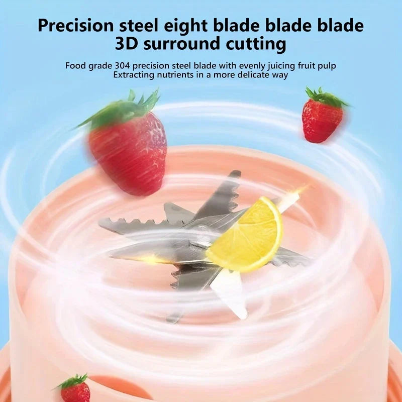Centrifugal Juicer Machine - Close-up of blender blades with fruit pieces inside a pink container, showing cutting motion