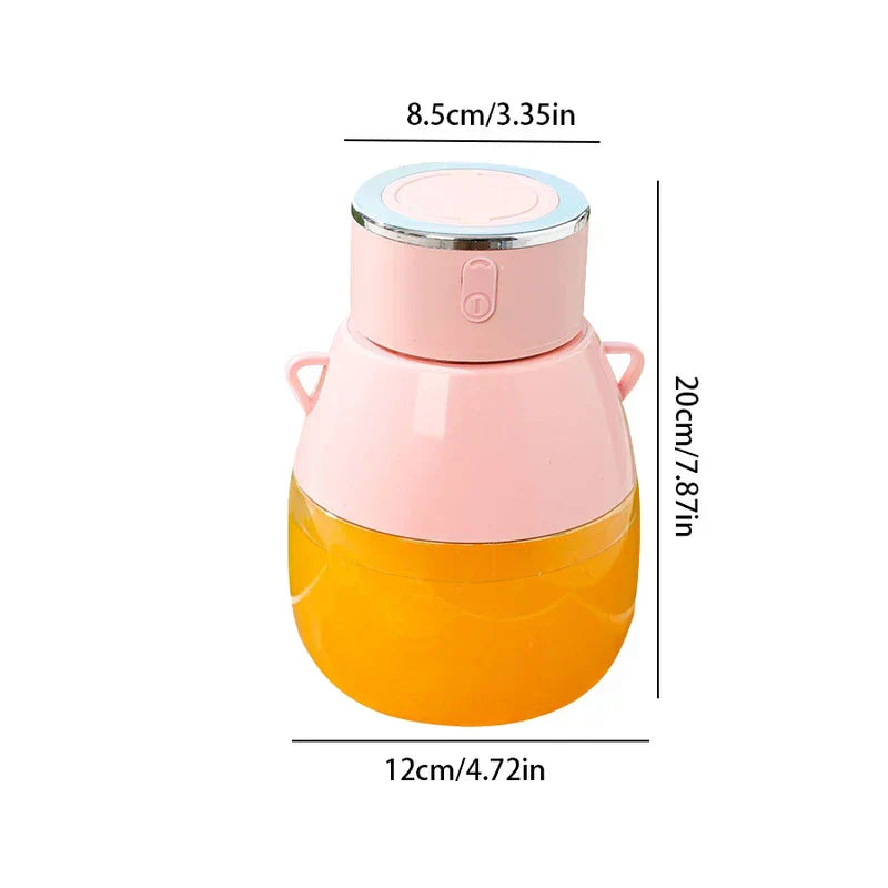 Blender Bottle - Pink portable juicer with dimension labels, showing 8.5cm top width, 12cm base width, and 20cm total height