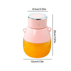 Blender Bottle - Pink portable juicer with dimension labels, showing 8.5cm top width, 12cm base width, and 20cm total height