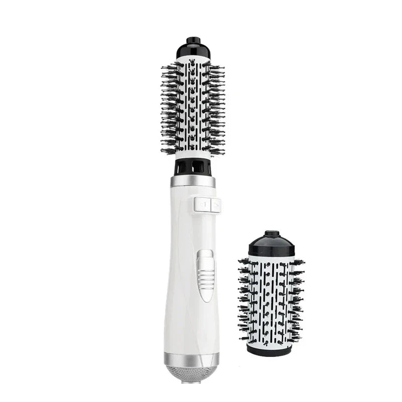 Wide Tooth Detangling Comb - White hot air styler with an attached bristle brush head, and a smaller detachable brush head placed beside it