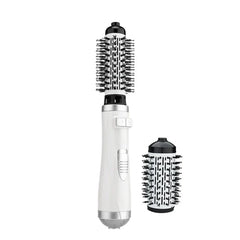 Wide Tooth Detangling Comb - White hot air styler with an attached bristle brush head, and a smaller detachable brush head placed beside it