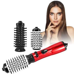 Wide Tooth Detangling Comb - Red hot air styler laid horizontally with two brush heads, next to a model with smooth straight hair