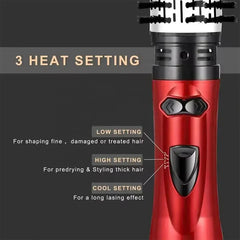 Wide Tooth Detangling Comb - Close-up of red styler control panel labeling three heat settings and their recommended uses
