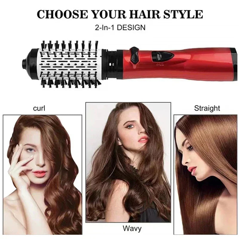 peine de dientes anchos para desenredar - Secador rotatorio de aire caliente 2 en 1 rojo mostrado horizontalmente, con tres paneles de ejemplo de peinados debajo etiquetados como rizado, ondulado y liso, mostrando cabello castaño peinado