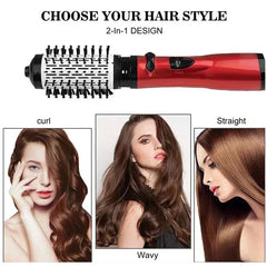 peine de dientes anchos para desenredar - Secador rotatorio de aire caliente 2 en 1 rojo mostrado horizontalmente, con tres paneles de ejemplo de peinados debajo etiquetados como rizado, ondulado y liso, mostrando cabello castaño peinado