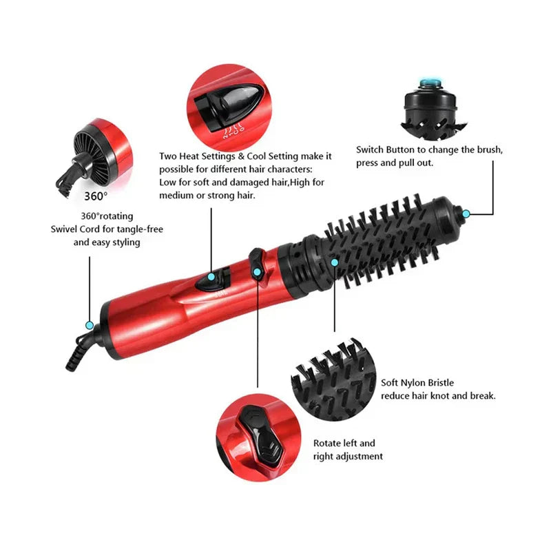 Wide Tooth Detangling Comb - Red hot air styler laid horizontally, with labeled callouts pointing to its 360-degree swivel cord, heat/cool setting switch, rotation control, detachable brush release, and soft nylon bristles.