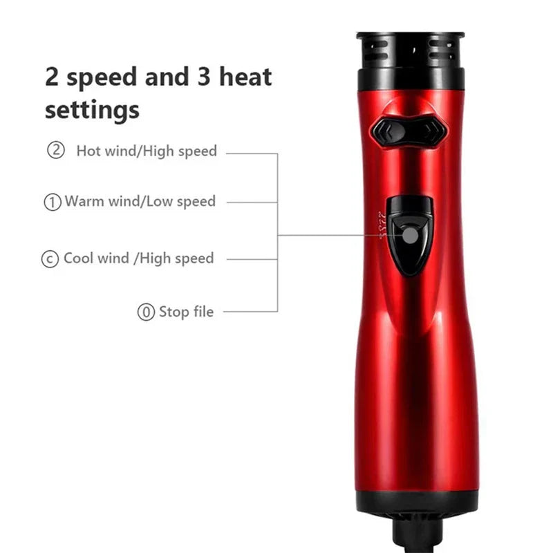 peine de dientes anchos para desenredar - Mango del secador de aire caliente rojo con ajustes etiquetados de 2 velocidades y 3 temperaturas junto a sus interruptores de control