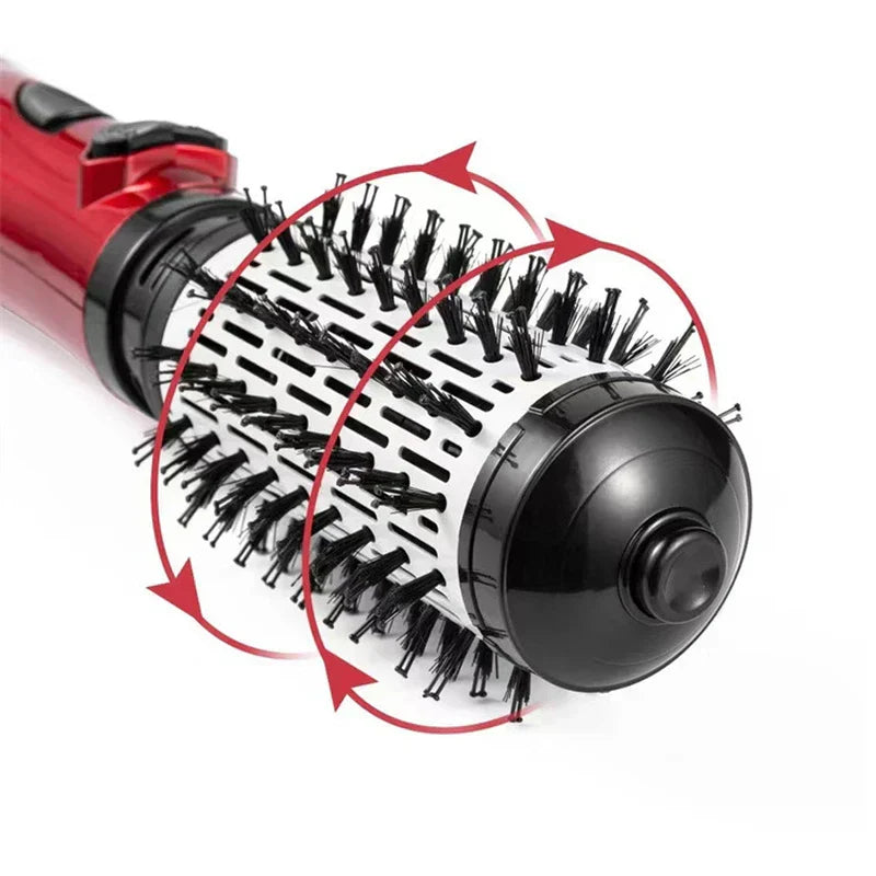peine de dientes anchos para desenredar - Primer plano de un accesorio de cabezal de cepillo giratorio para un secador de aire caliente, mostrando flechas de giro de 360 grados