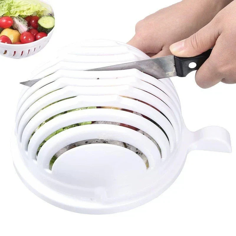 Serving Bowl Set - Hands using a kitchen knife to cut produce through the bowl slots, with small inset of cut fruit and vegetables in the bowl