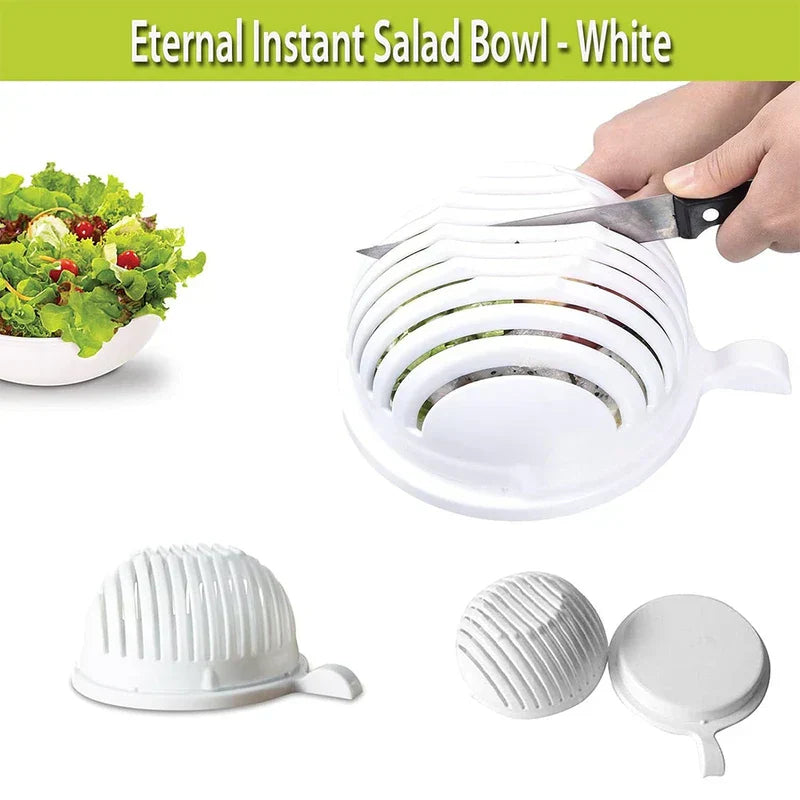Serving Bowl Set - Collage showing the bowl in use, finished salad in a matching bowl, and separated components of the slotted bowl and base