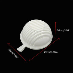 Serving Bowl Set - White hemispherical kitchen tool with a small side tab, dimension lines marked against a black background