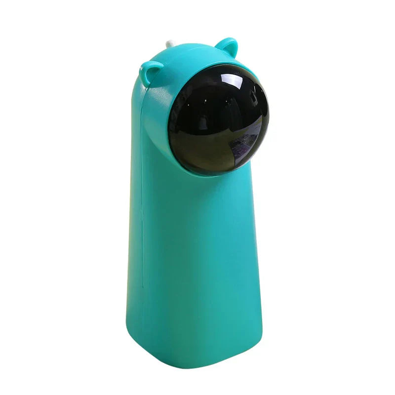 Laser Pointer - Teal bear-shaped automatic interactive pet toy with black glossy lens front, angled front view on white background
