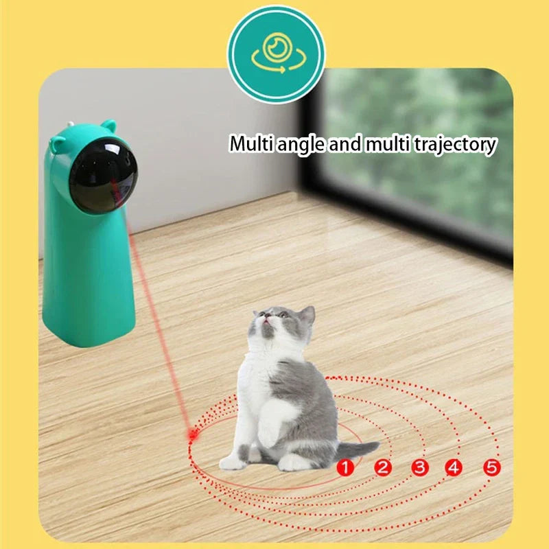 Laser Pointer - Turquoise bear device placed on floor projecting multi-trajectory red laser rings, cat looks upward.