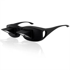 Lazy Periscope Horizontal Reading Glasses - Matte black prism glasses with periscope lens attachments, three-quarter front angle on white reflective background