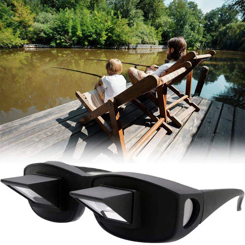 Lazy Periscope Horizontal Reading Glasses - Black prism glasses displayed below a scene of two people fishing from reclined wooden dock chairs