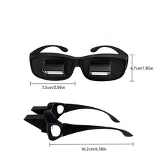 Lazy Periscope Horizontal Reading Glasses - Two views of black prism glasses showing dimensional size measurements against a white background