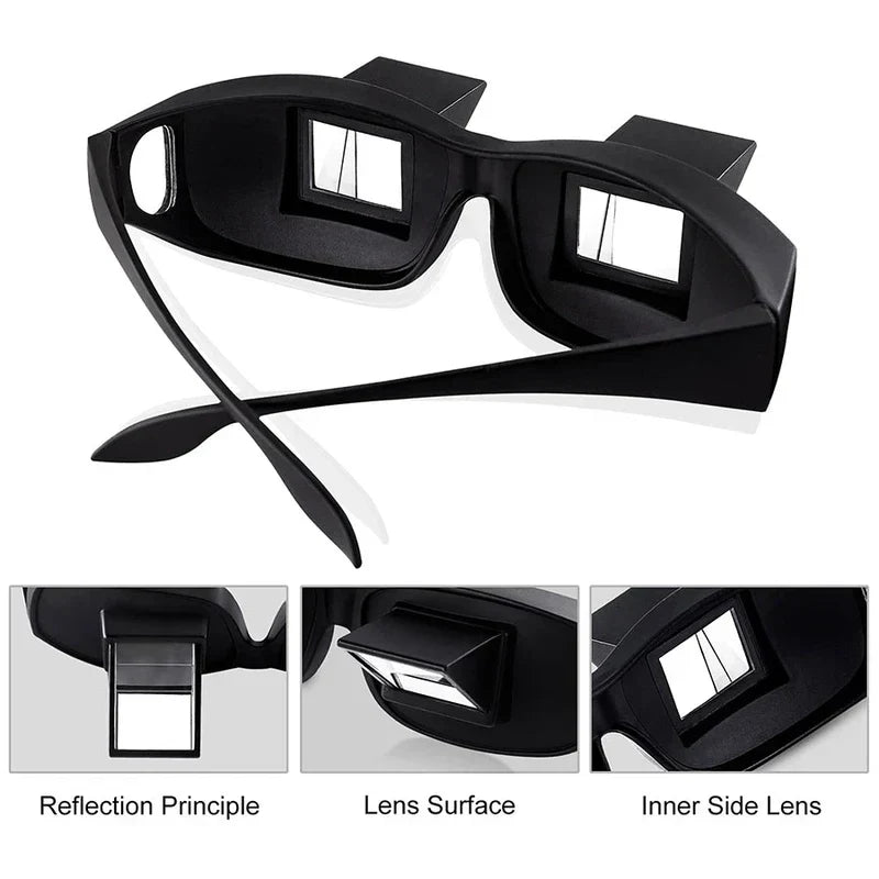 Lazy Periscope Horizontal Reading Glasses - Black prism glasses shown with three close-up detail panels of the lenses and reflective prism structure