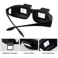 Lazy Periscope Horizontal Reading Glasses - Black prism glasses shown with three close-up detail panels of the lenses and reflective prism structure