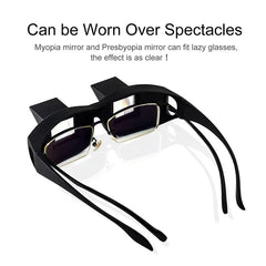 Lazy Periscope Horizontal Reading Glasses - Black prism glasses worn over a pair of regular eyeglasses, with text about fitting over spectacles